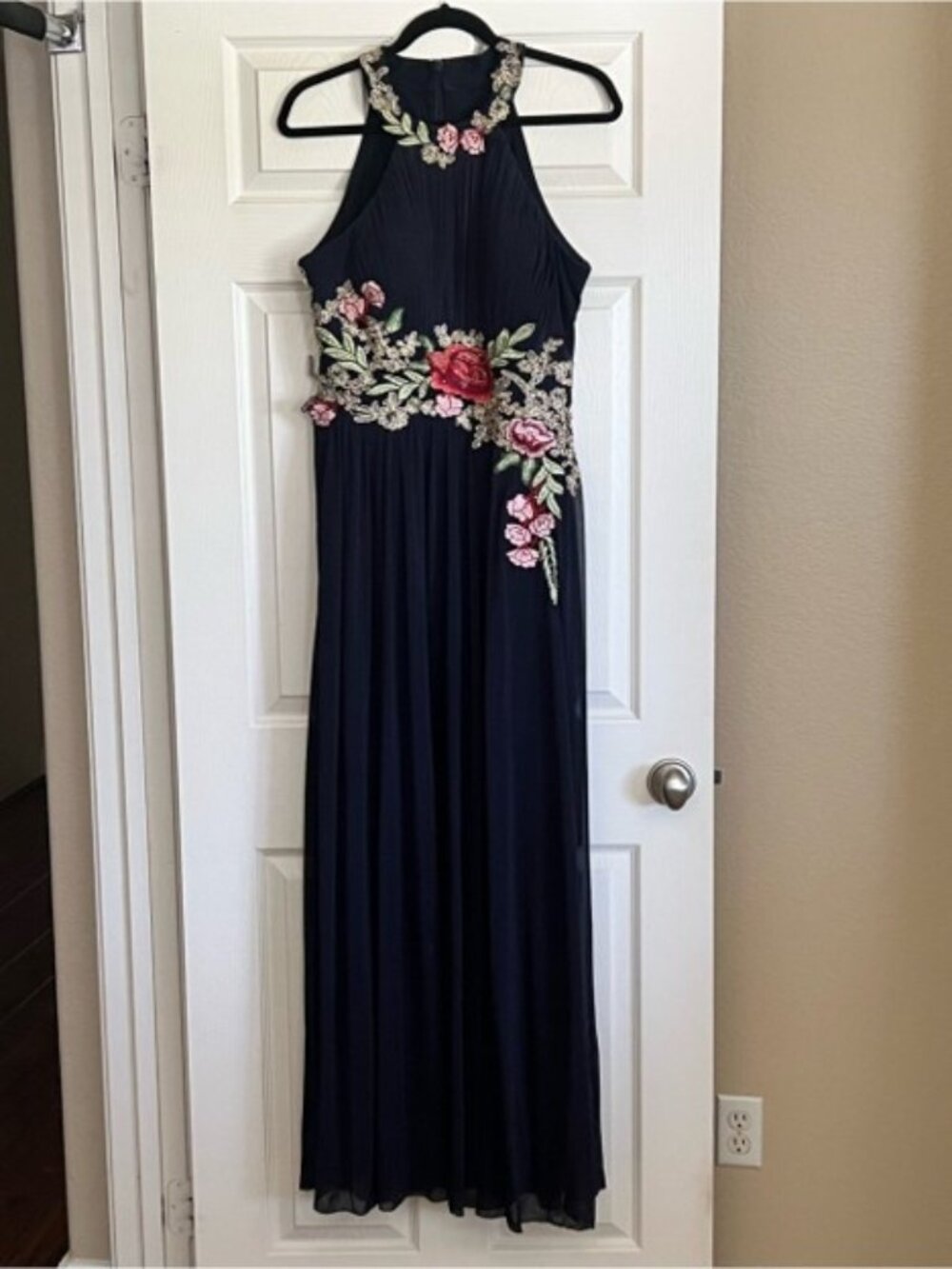 Betsy Adam "Celeste" Embroidered Chiffon Gown Haulter Neck with Pink & Red Flora